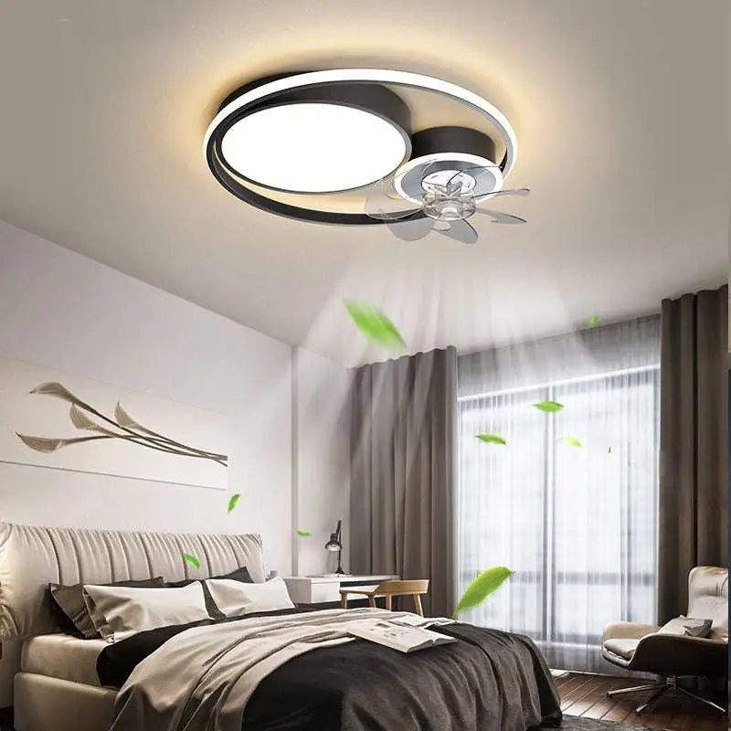 Nordic light luxury ceiling fan lamp with modern black and white rings, integrated fan blades, and sleek metallic finish