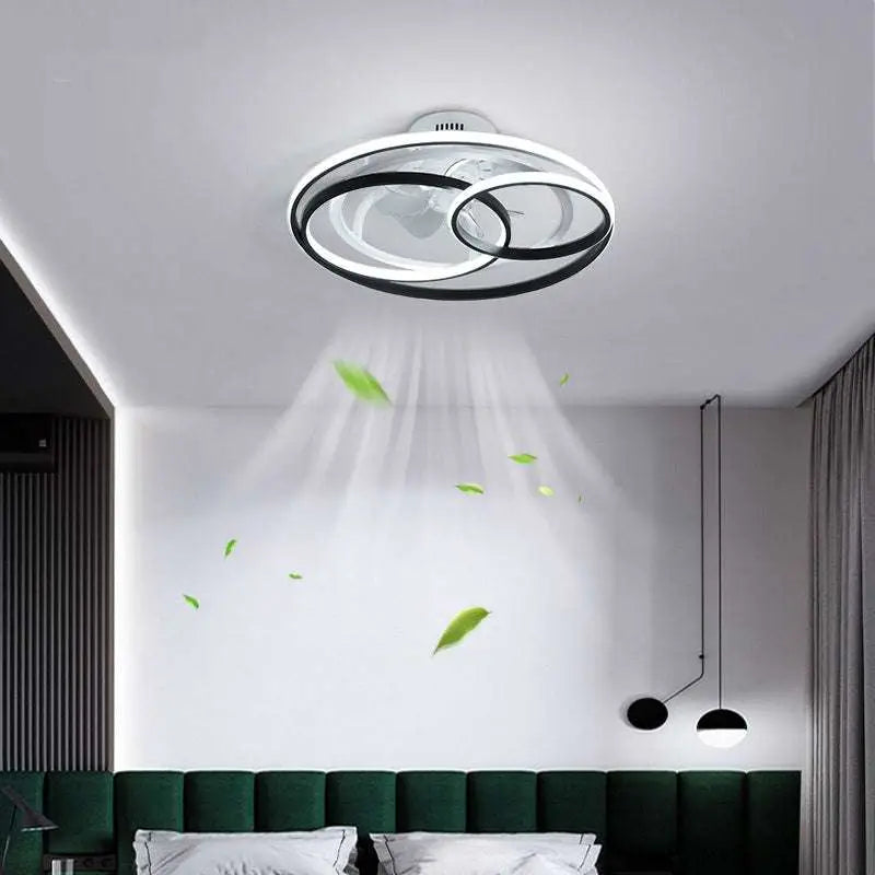 Nordic light luxury ceiling fan lamp featuring a sleek circular design with black and white rings and a transparent hub