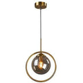 Nordic modern minimalist glass pendant light with gold-toned metal frame and dark smoked glass globe encircling bulb