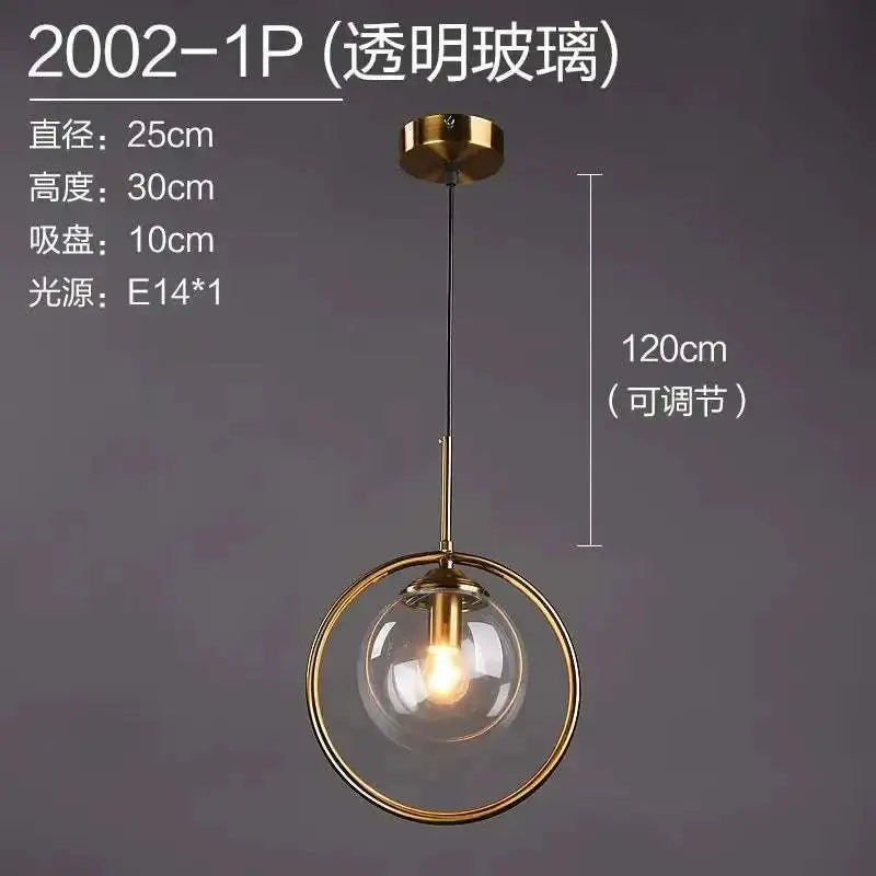 Nordic modern minimalist glass pendant light with gold-toned metal ring, transparent globe, adjustable 120cm hanging length, e14 socket