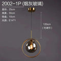 A nordic modern minimalist glass pendant light with a smoked glass globe and gold-toned metal ring on adjustable chain