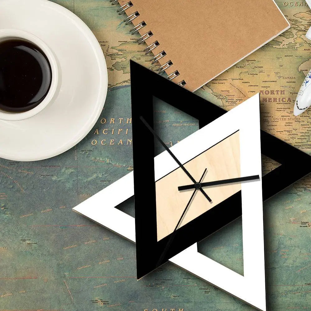 Nordic personality black and white creative wall clock with modern geometric wall design in light wood tone triangles