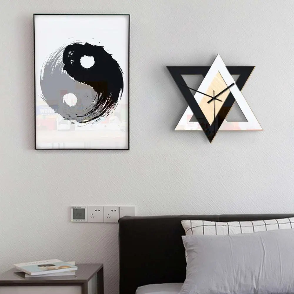 Nordic personality black and white creative wall clock with modern geometric wall design and mirrored triangular surfaces