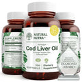 Natural nutra norwegian cod liver oil supplement 250 softgels in amber glass bottles with green leaf labels and white caps