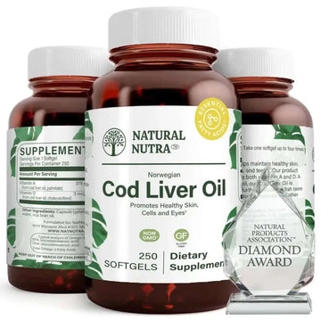 Natural nutra norwegian cod liver oil supplement 250 softgels in amber glass bottles with green leaf labels and white caps