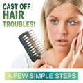 Black plastic comb with visible hair strands illustrates nourishing anti-hair loss hair care serum use with green glass bottle