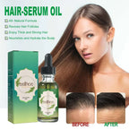 Nourishing anti-hair loss hair care serum in a green glass bottle with black dropper cap and matching green packaging