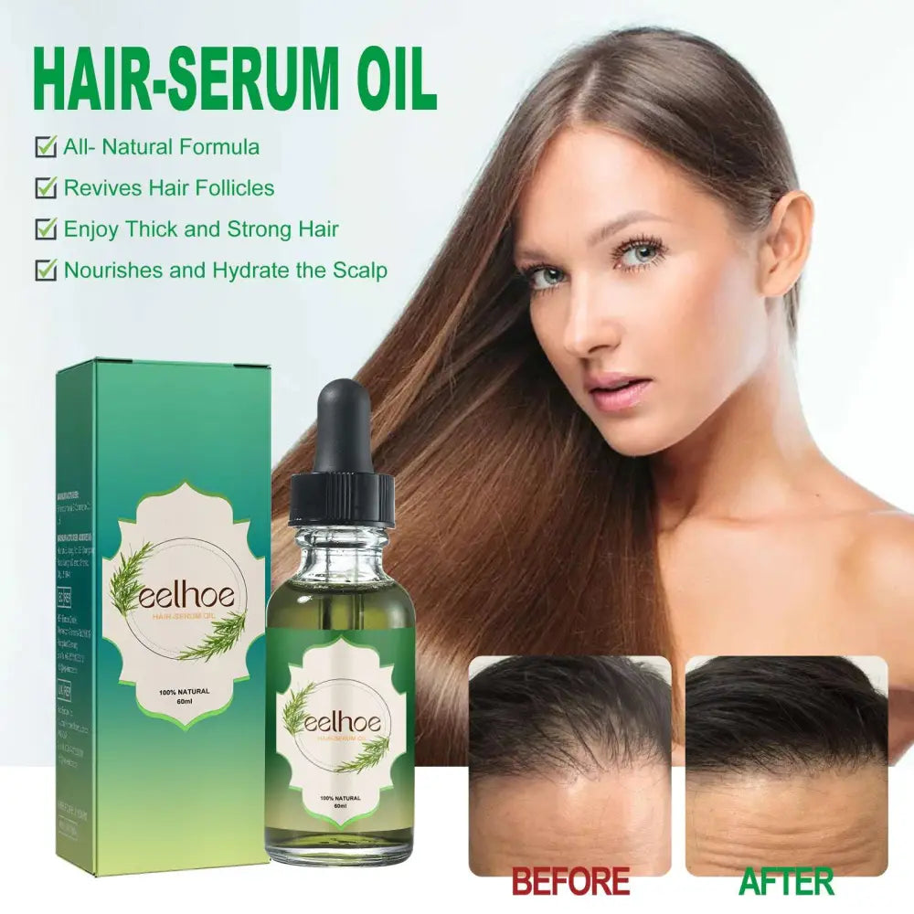 Nourishing anti-hair loss hair care serum in a green glass bottle with black dropper cap and matching green packaging