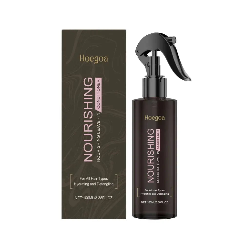 Black plastic hoegoa nourishing leave-in spray bottle with trigger nozzle for disposable hair care use