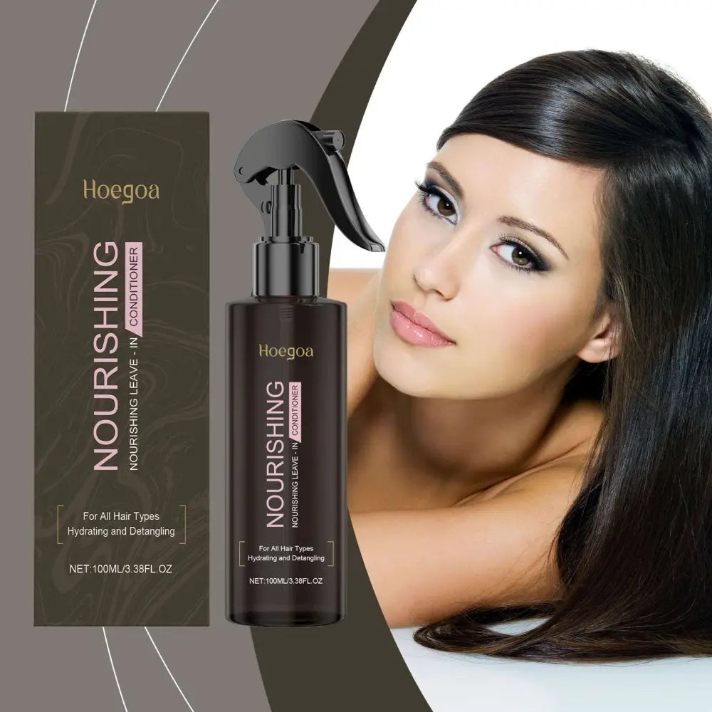 Black spray bottle of hoegoa nourishing disposable hair care leave-in spray with sleek design and black pump nozzle