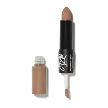 Nude-colored Nudiversal lip duo featuring dual-ended lipstick and matching liquid gloss shade 7 Dubai in black case