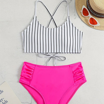 Striped Bikini Split Swimsuit For Women - Royalessencelux