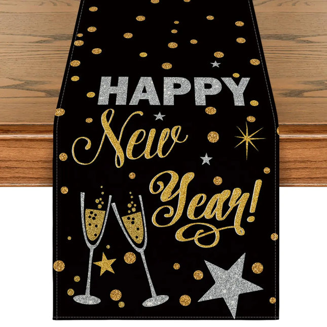 Artoid Mode Cheers Black and Gold 2025 Happy New Year Table Runner Xmas Winter Holiday Kitchen Dining Table Decoration for Home Party Decor 13x120 Inch - Royalessencelux