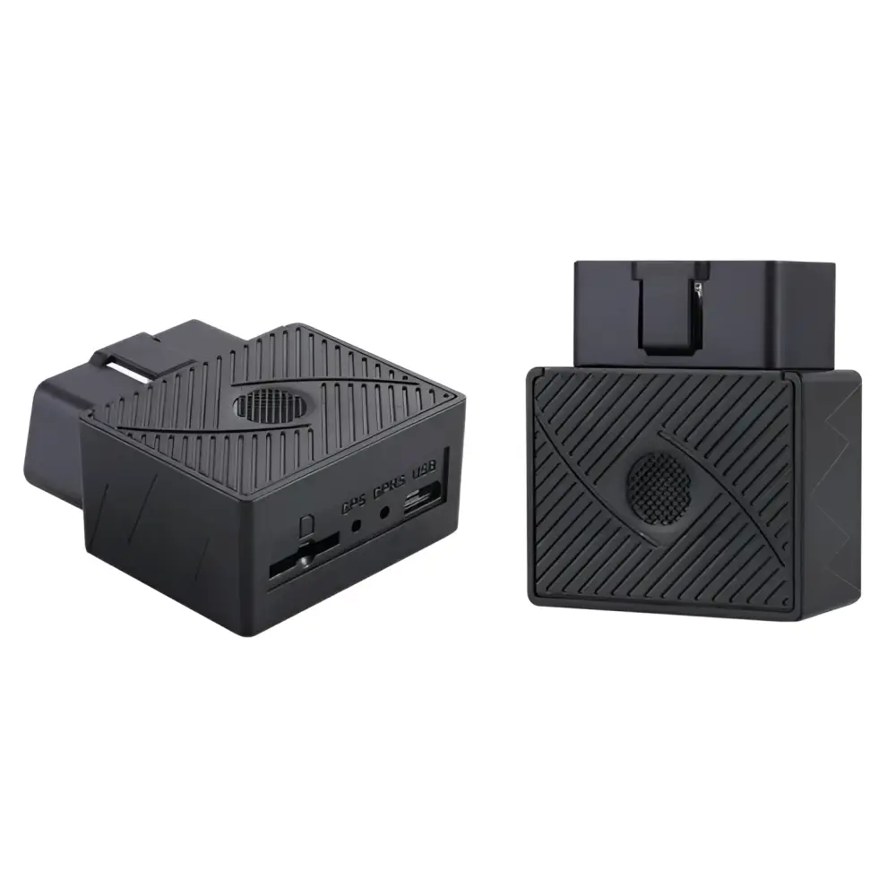 Black rectangular obd2 car gps locator satellite tracking device with textured surface and multiple ports