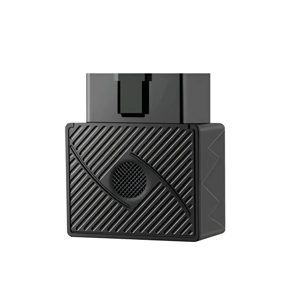Black obd2 car gps locator with textured ribbed surface and circular grille for satellite tracking device use