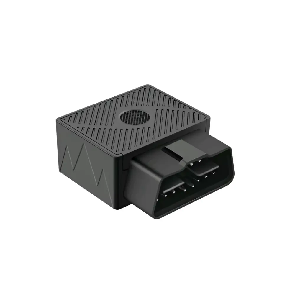 Black rectangular obd2 car gps locator satellite tracking device with textured surface and multiple ports