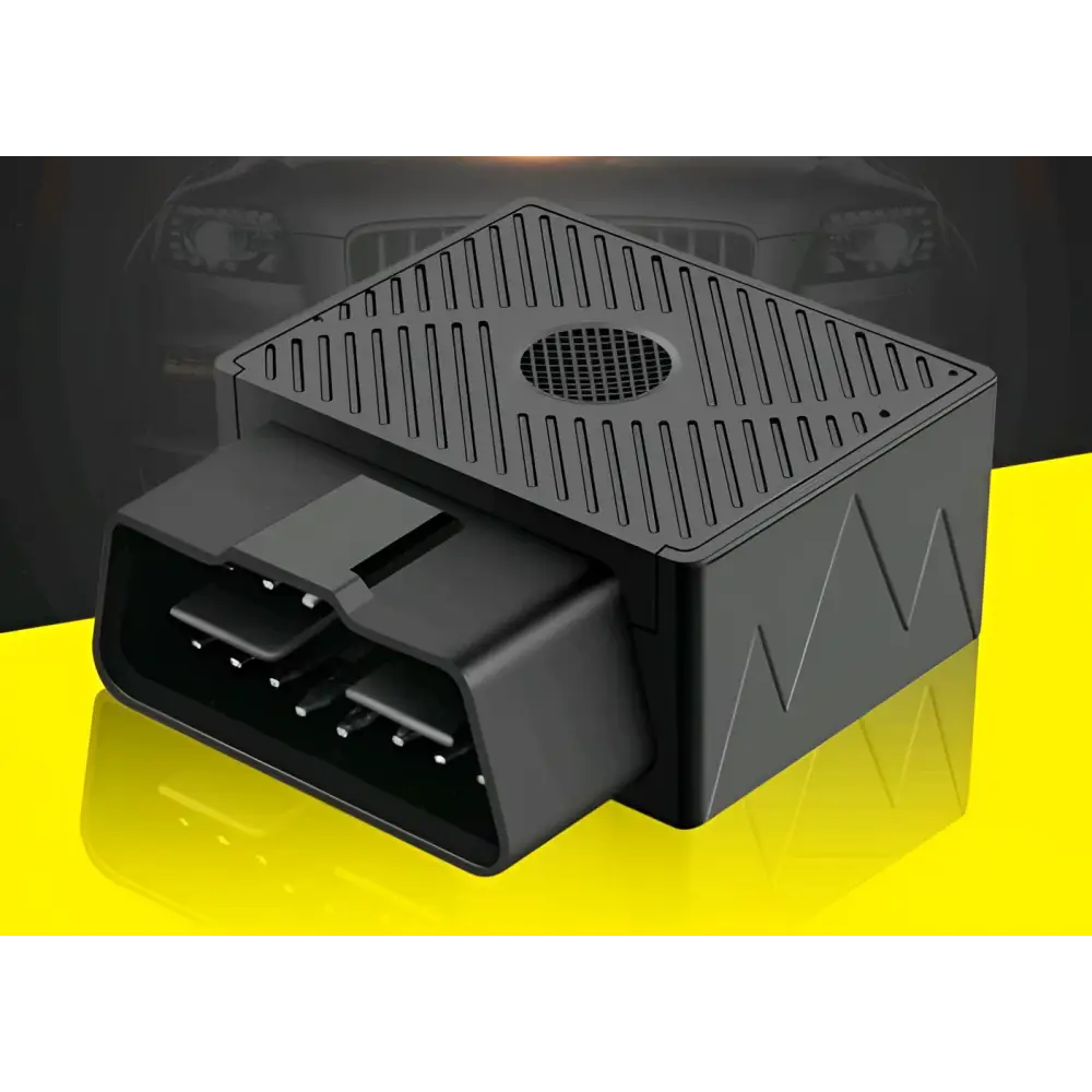 Black plastic obd2 car gps locator with a rectangular body vented top and angular side patterns satellite tracking device