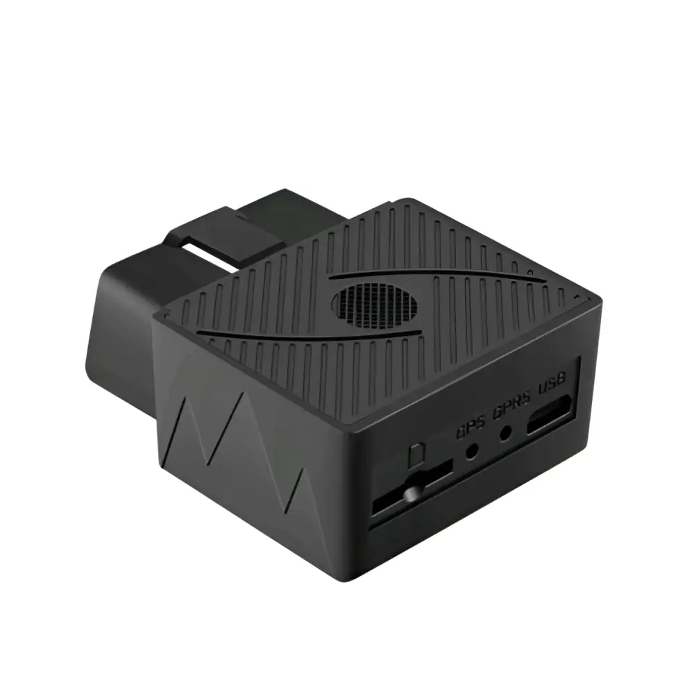 Black plastic obd2 car gps locator with textured surface and labeled ports satellite tracking device for vehicles