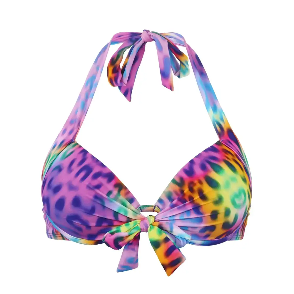 Ocean blues womens black push up leopard halter top bikini with vibrant rainbow colors and tied bow details