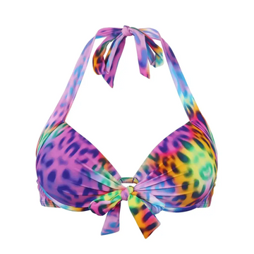 Ocean blues womens black push up leopard halter top bikini with vibrant rainbow colors and tied bow details