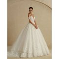 A white off-shoulder lace bridal gown with intricate lace detailing and a voluminous tulle skirt for weddings