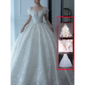 White lace wedding veil with scalloped edge and sheer overlay complements off shoulder lace wedding dress piece set