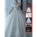 White lace wedding dress with off shoulder lace wedding sleeves and a voluminous skirt dress piece set