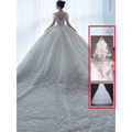 Off shoulder lace wedding dress in white with voluminous skirt and intricate floral embroidery shoulder lace wedding design
