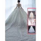 Off shoulder lace wedding dress in white with voluminous skirt and intricate floral embroidery shoulder lace wedding design