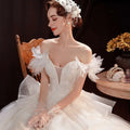 A woman wearing an off the shoulder white wedding dress with feathered shoulder lace tulle and a sparkling tulle skirt