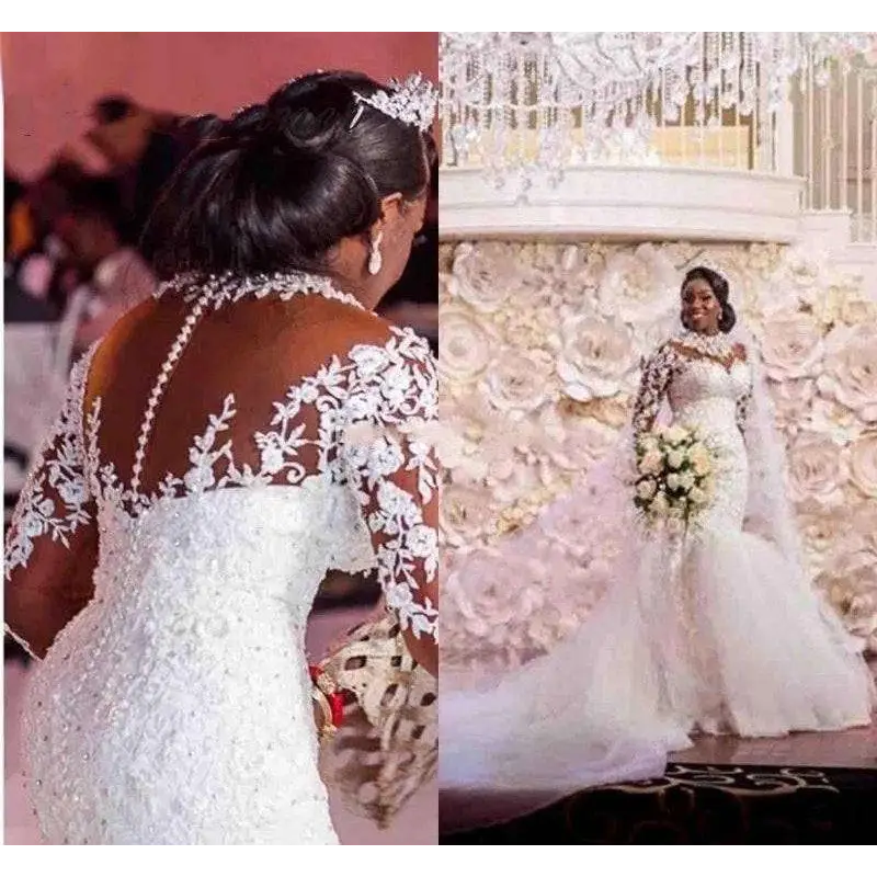 White lace long sleeves mermaid wedding dress with beaded detailing and sheer fabric for elegant bridal wear