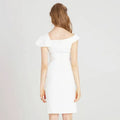 White off the shoulder split white dress with fitted silhouette and ruffled cap sleeves in midi length