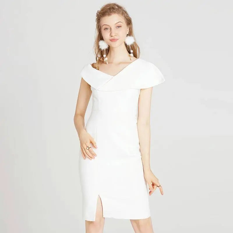 White off the shoulder split white dress midi with a fitted silhouette and side slit for elegant occasions