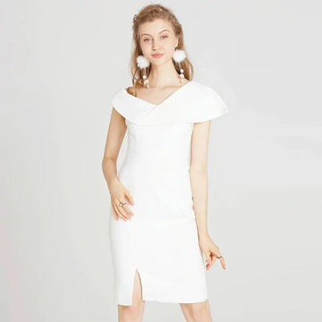 White off the shoulder split white dress midi with a fitted silhouette and side slit for elegant occasions