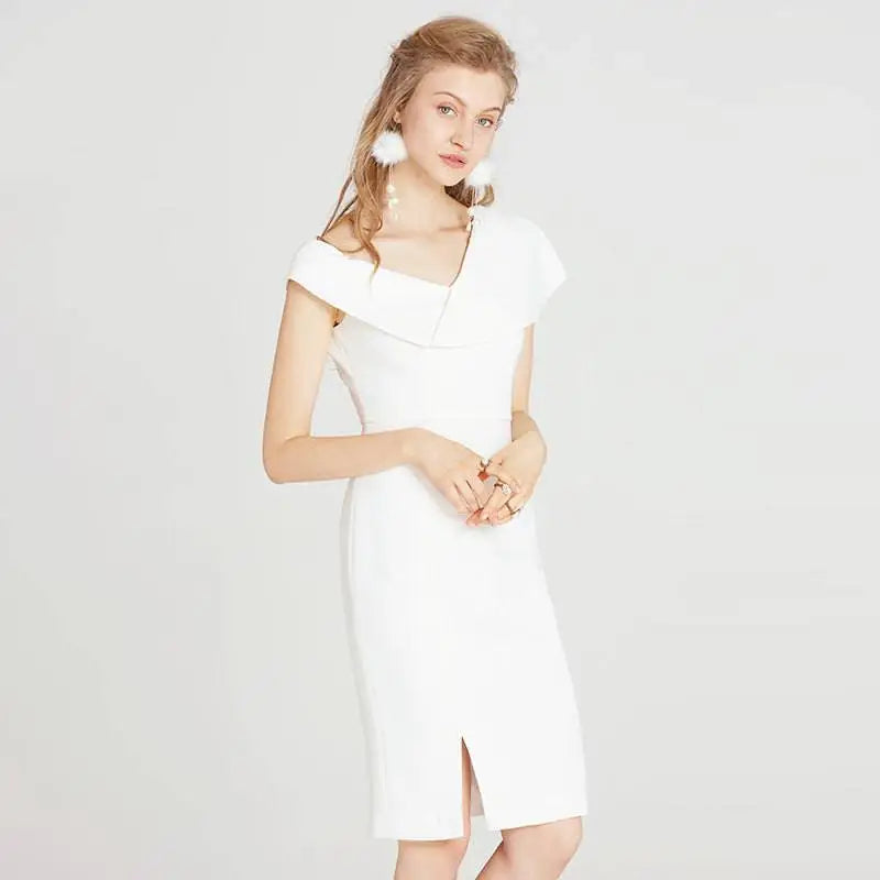 A sleek white off the shoulder split white dress featuring a fitted silhouette and side slit midi length