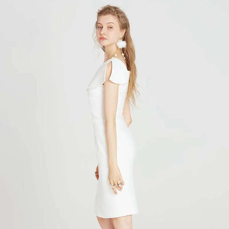 White off the shoulder split white dress with back cutout and short flutter sleeves in a fitted silhouette midi style