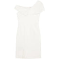 A minimalist off the shoulder split white dress with a soft ruffled neckline and fitted silhouette midi length
