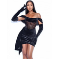 Black velvet off the shoulder mini dress with sheer corset front and long matching gloves for a sexy evening dress