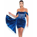A royal blue velvet off the shoulder mini dress with a corset bodice and flowing sleeves perfect as a sexy evening dress