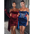 A pair of off the shoulder velvet sexy mini dresses in deep red and royal blue with corset-style front panels