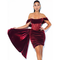 A deep burgundy off the shoulder velvet sexy evening mini dress with a ruched corset bodice and flowing side panel