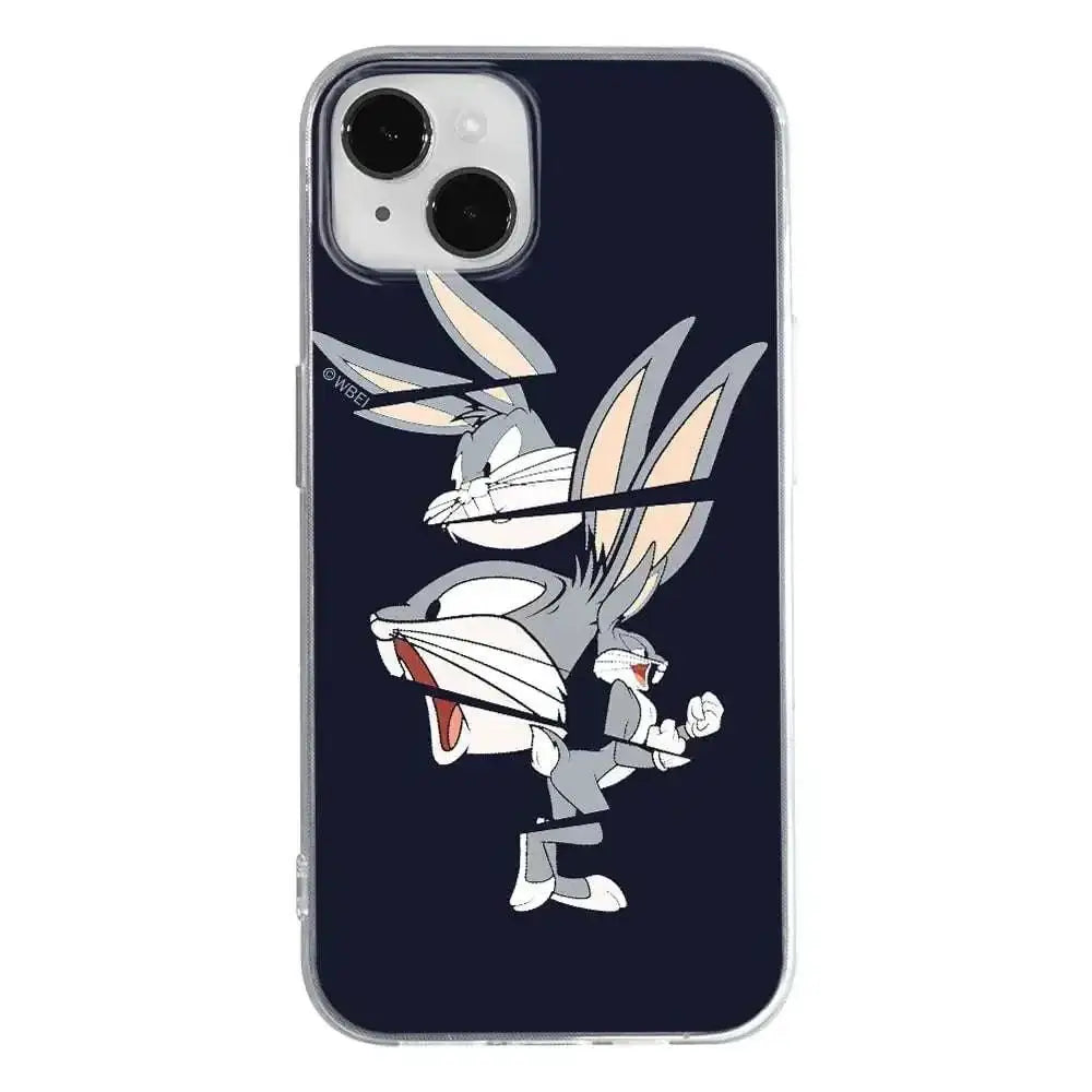 Clear official looney tunes bunny iphone case with navy background and two cartoon bugs bunny characters in action poses