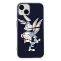 Clear official looney tunes bunny iphone case with navy background and two cartoon bugs bunny characters in action poses