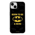 Back side of officially licensed batman iphone 14 phone case black thermoplastic polyurethane with yellow logo and gray bats