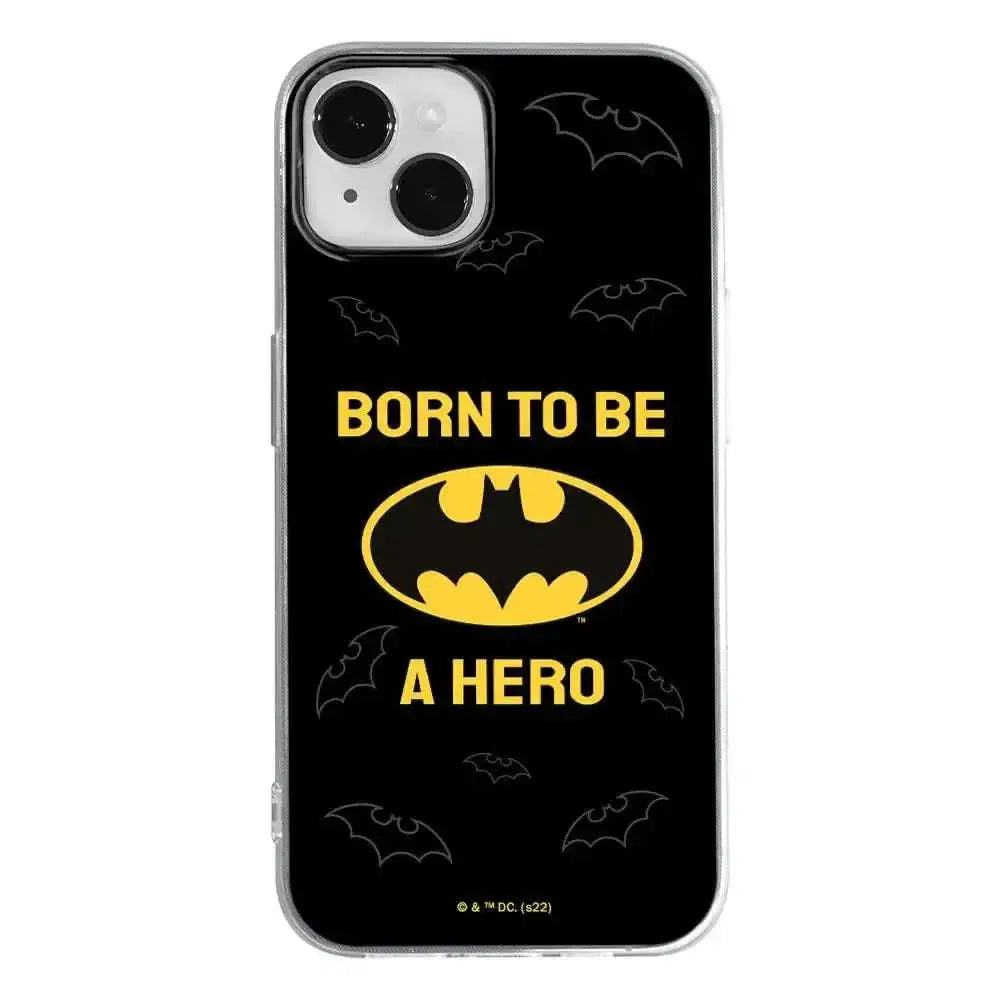 Back side of officially licensed batman iphone 14 case with black transparent thermoplastic polyurethane and yellow logo