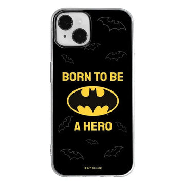 Back side of officially licensed batman iphone 14 case with black transparent thermoplastic polyurethane and yellow logo