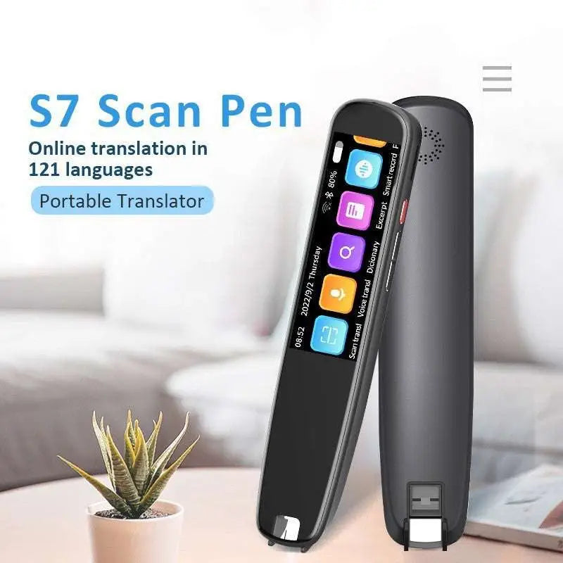Black s7 offline scanning translation dictionary pen with sleek slim design and colorful app icons on touchscreen display