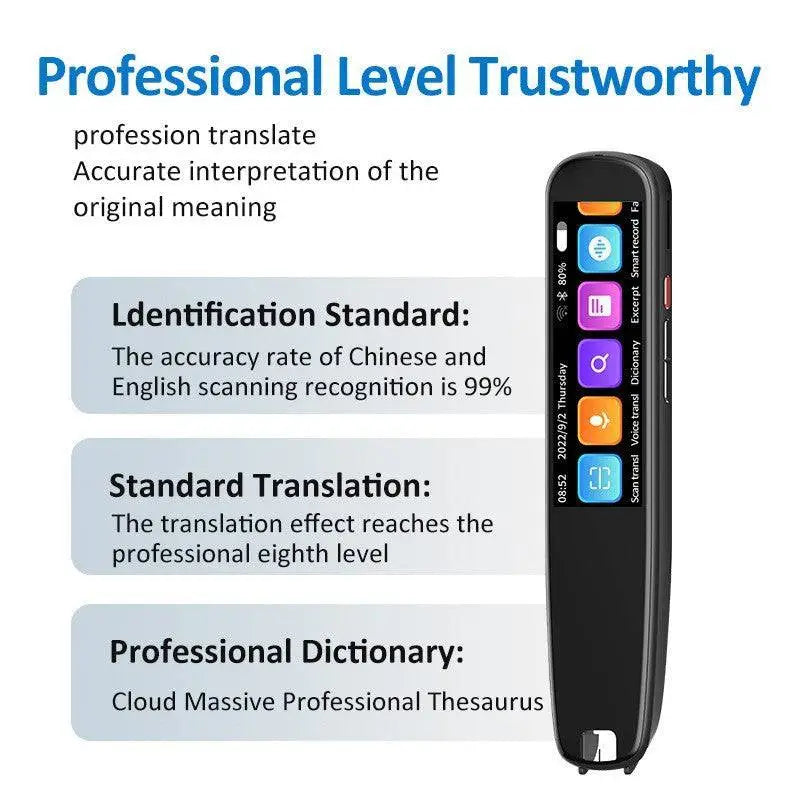 Black handheld offline scanning translation dictionary pen displaying colorful app icons on its screen