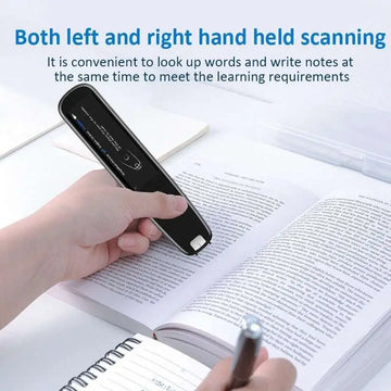 Black handheld offline scanning translation dictionary pen with sleek slim design and small screen displaying text