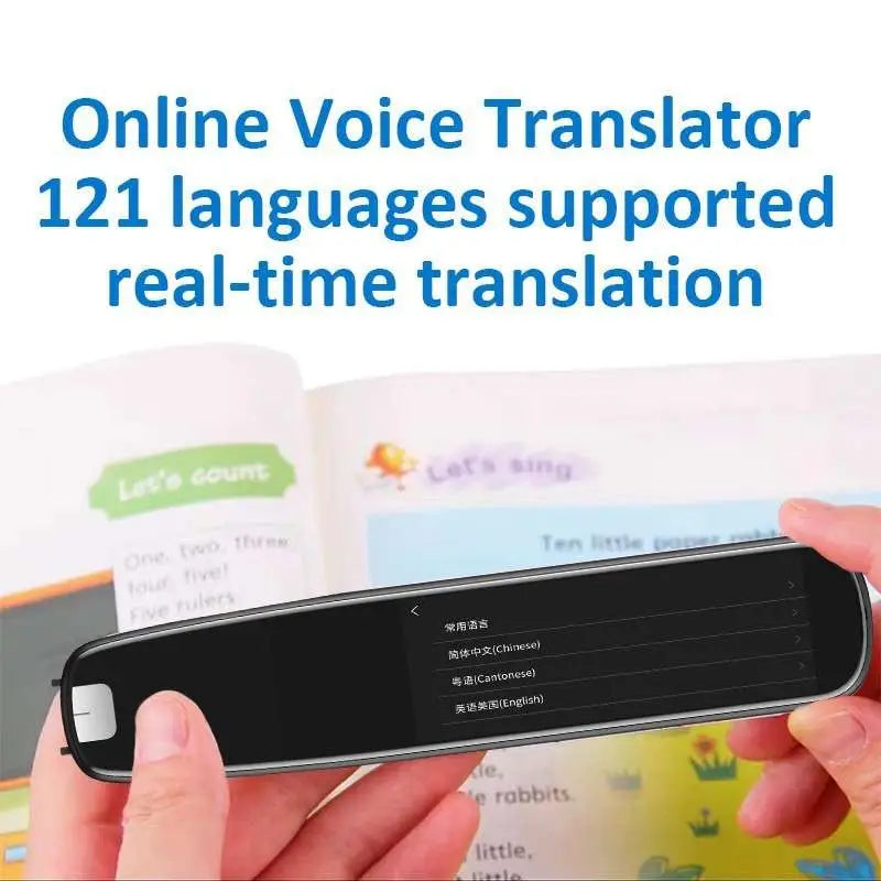 Black handheld offline scanning translation dictionary pen with sleek slim design and colorful app icons on touchscreen display